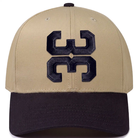 3 Up 3 Down baseball hat in khaki with black bill, front view