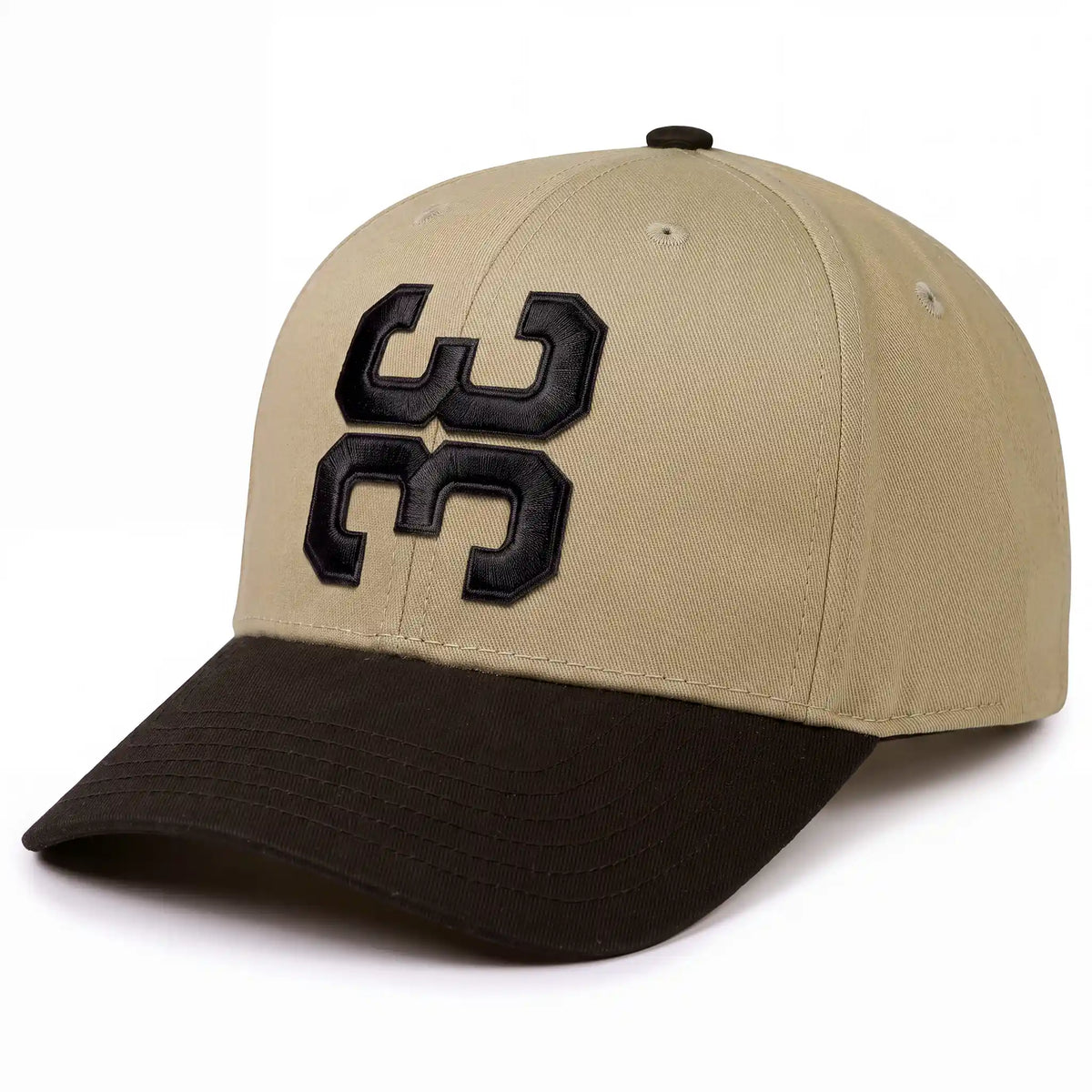 3 Up 3 Down baseball hat in khaki with black bill, side view