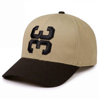 3 Up 3 Down baseball hat in khaki with black bill, side view