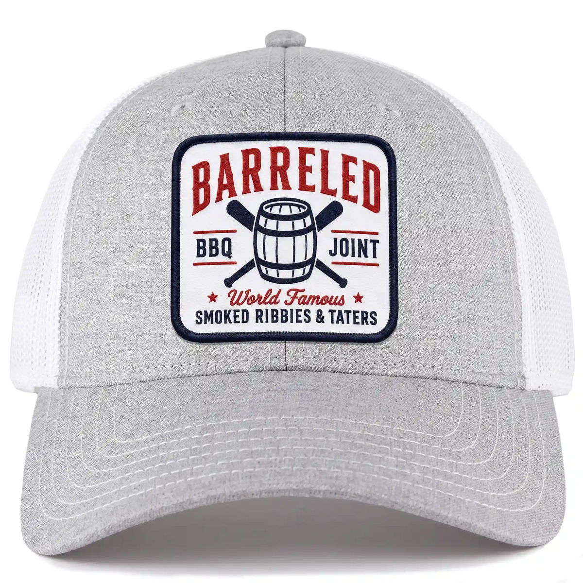 Barreled BBQ Joint trucker hat in heather gray, front view