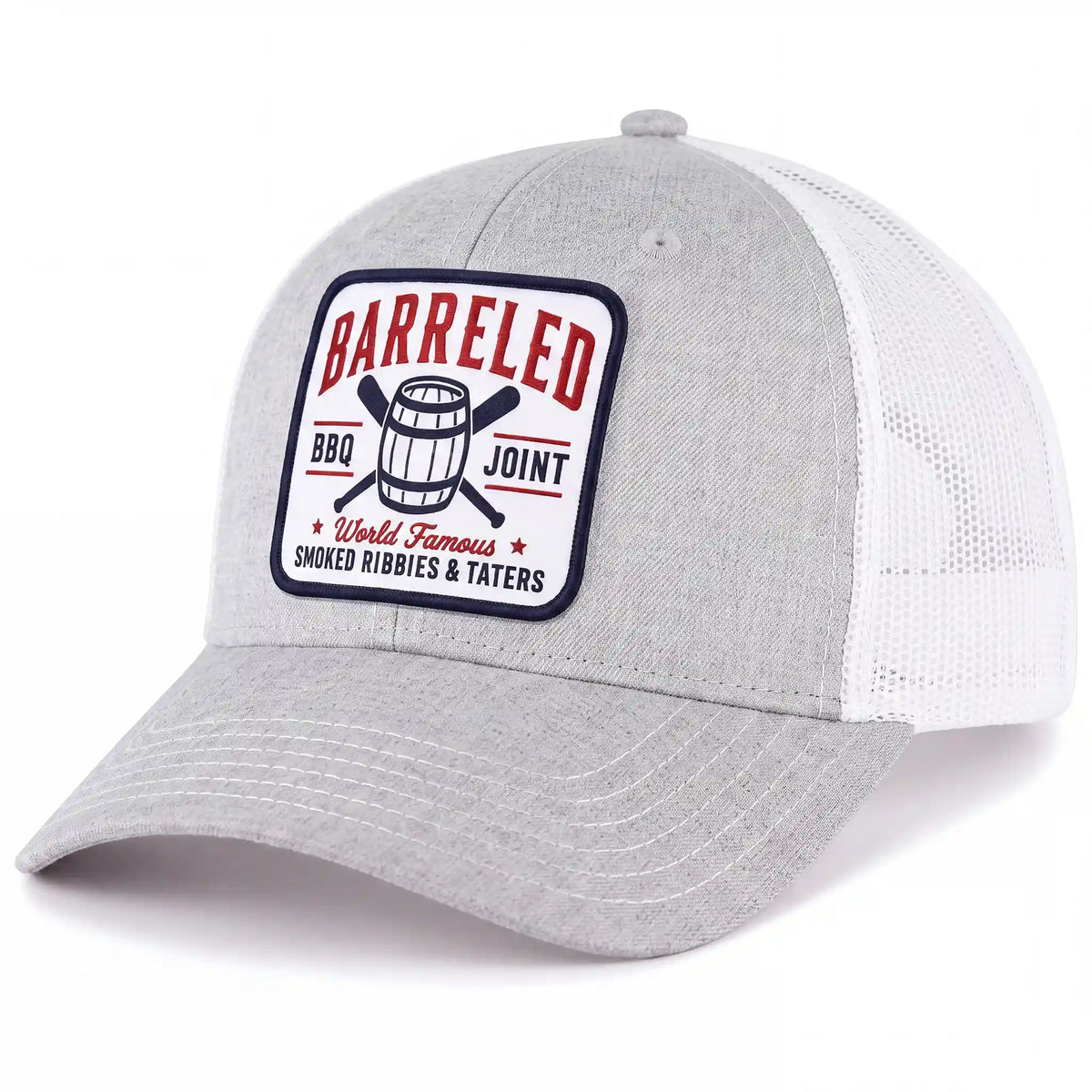Barreled BBQ Joint trucker hat in heather gray, side view