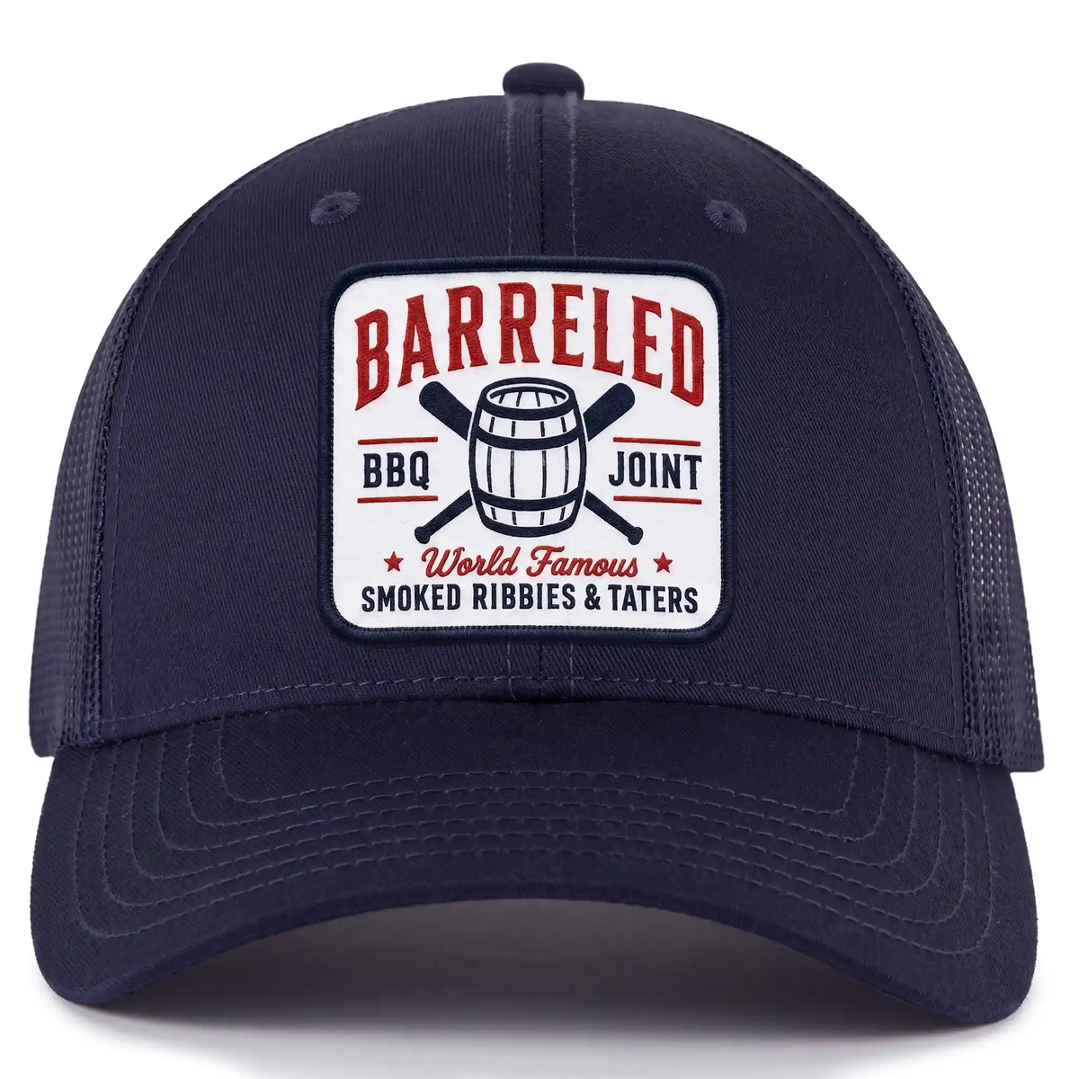 Barreled BBQ Joint trucker hat in navy, front view
