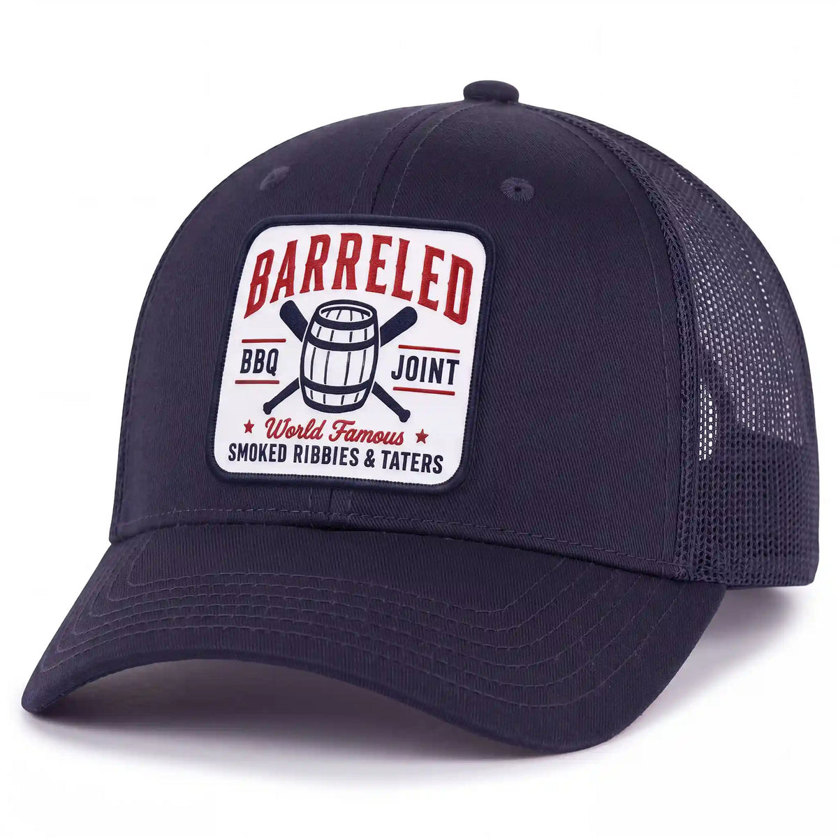 Barreled BBQ Joint trucker hat in navy, side view