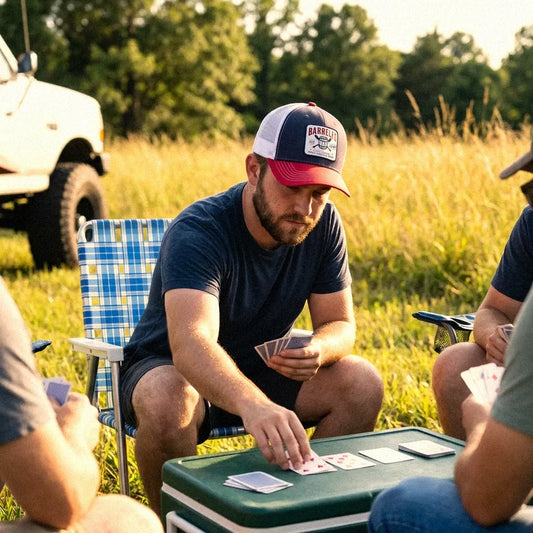 A man sitting outdoors in a grassy field playing a card game around a green cooler, wearing a navy blue t-shirt, dark shorts, and a Barreled BBQ Joint trucker hat in red white, and navy.