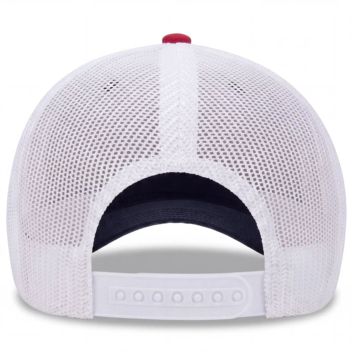 Adjustable closure on Barreled BBQ Joint trucker hat in red, white, and navy