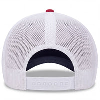Adjustable closure on Barreled BBQ Joint trucker hat in red, white, and navy