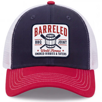 Barreled BBQ Joint trucker hat in red, white, and navy, front view