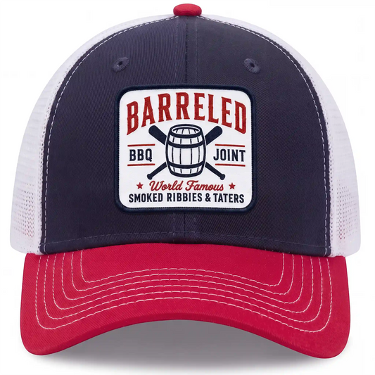 Barreled BBQ Joint trucker hat in red, white, and navy, front view