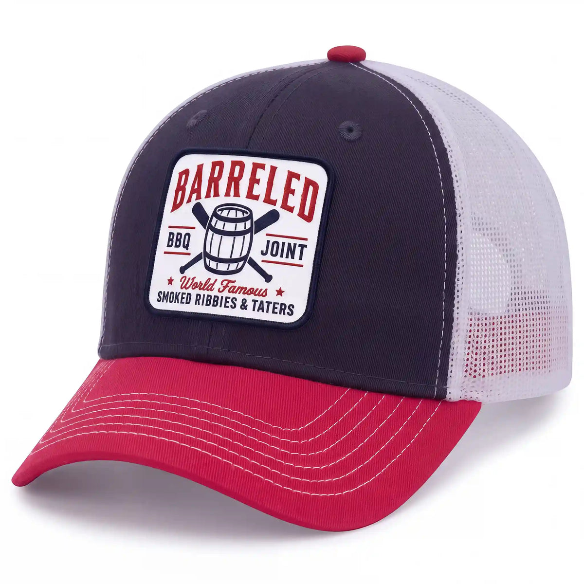 Barreled BBQ Joint trucker hat in red, white, and navy, side view