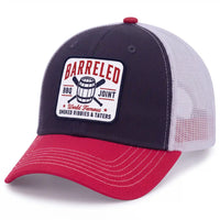 Barreled BBQ Joint trucker hat in red, white, and navy, side view