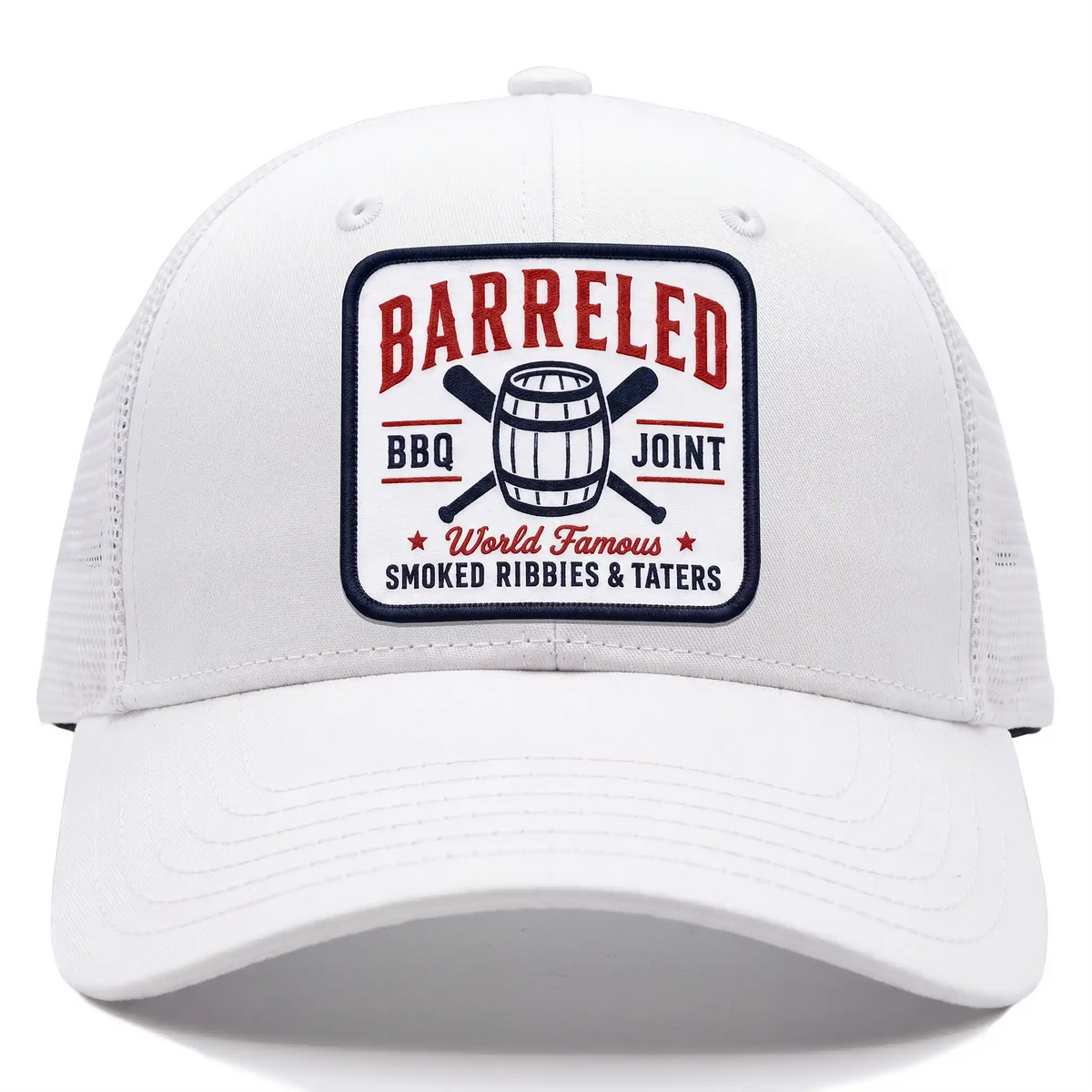 Barreled BBQ Joint trucker hat in white, front view
