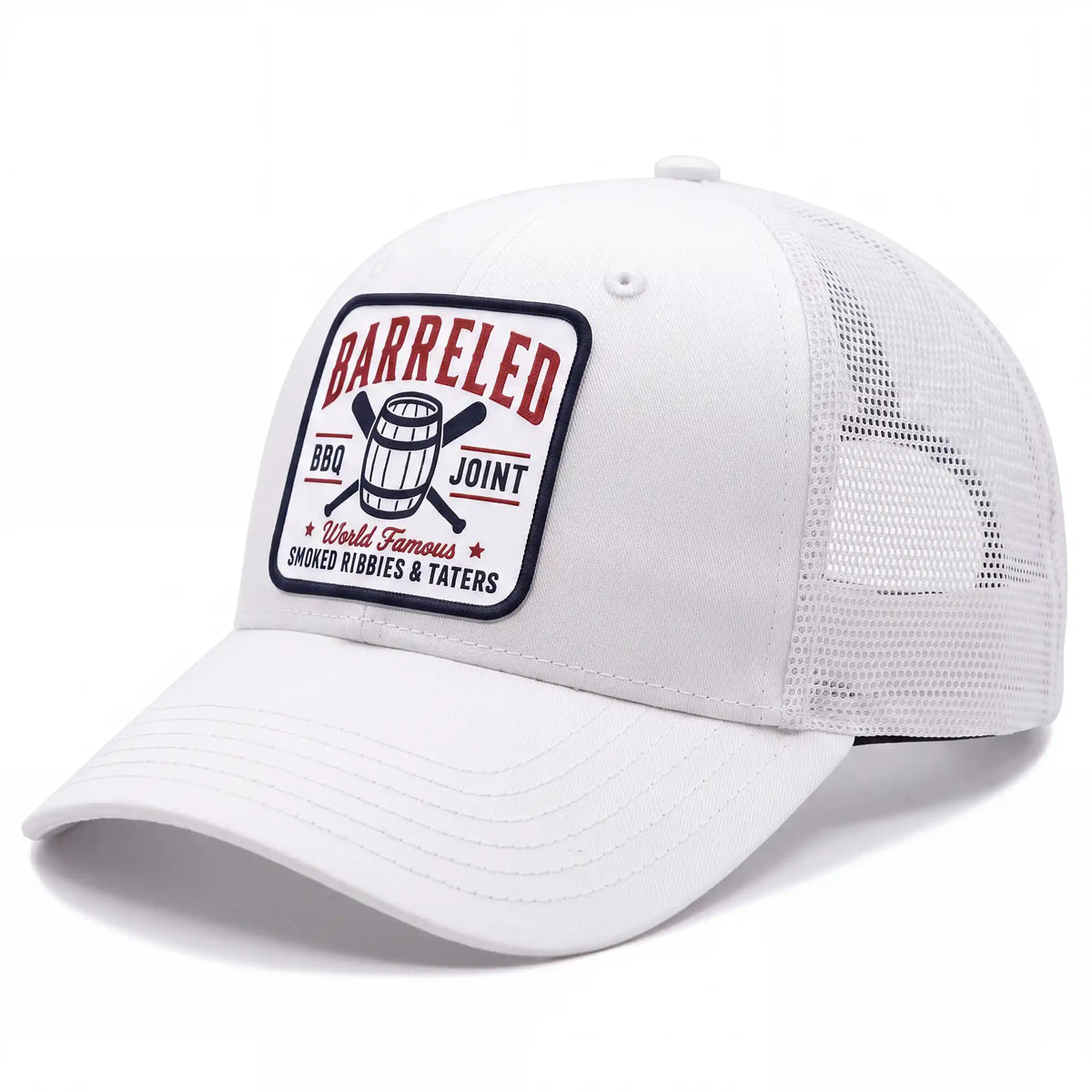 Barreled BBQ Joint trucker hat in white, side view