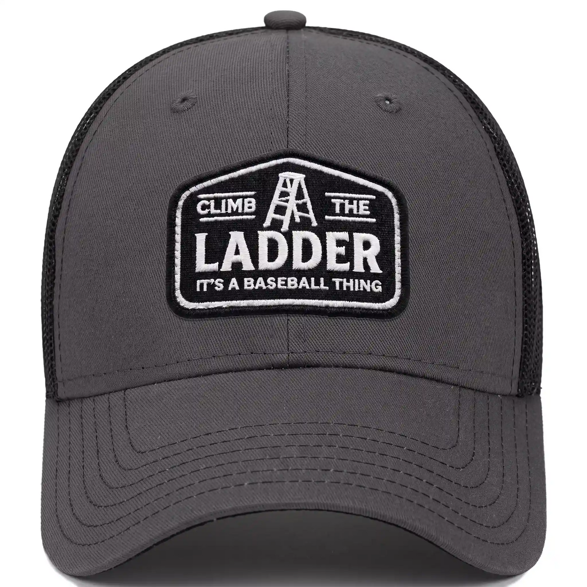 Climb the Ladder trucker hat in charcoal, front view