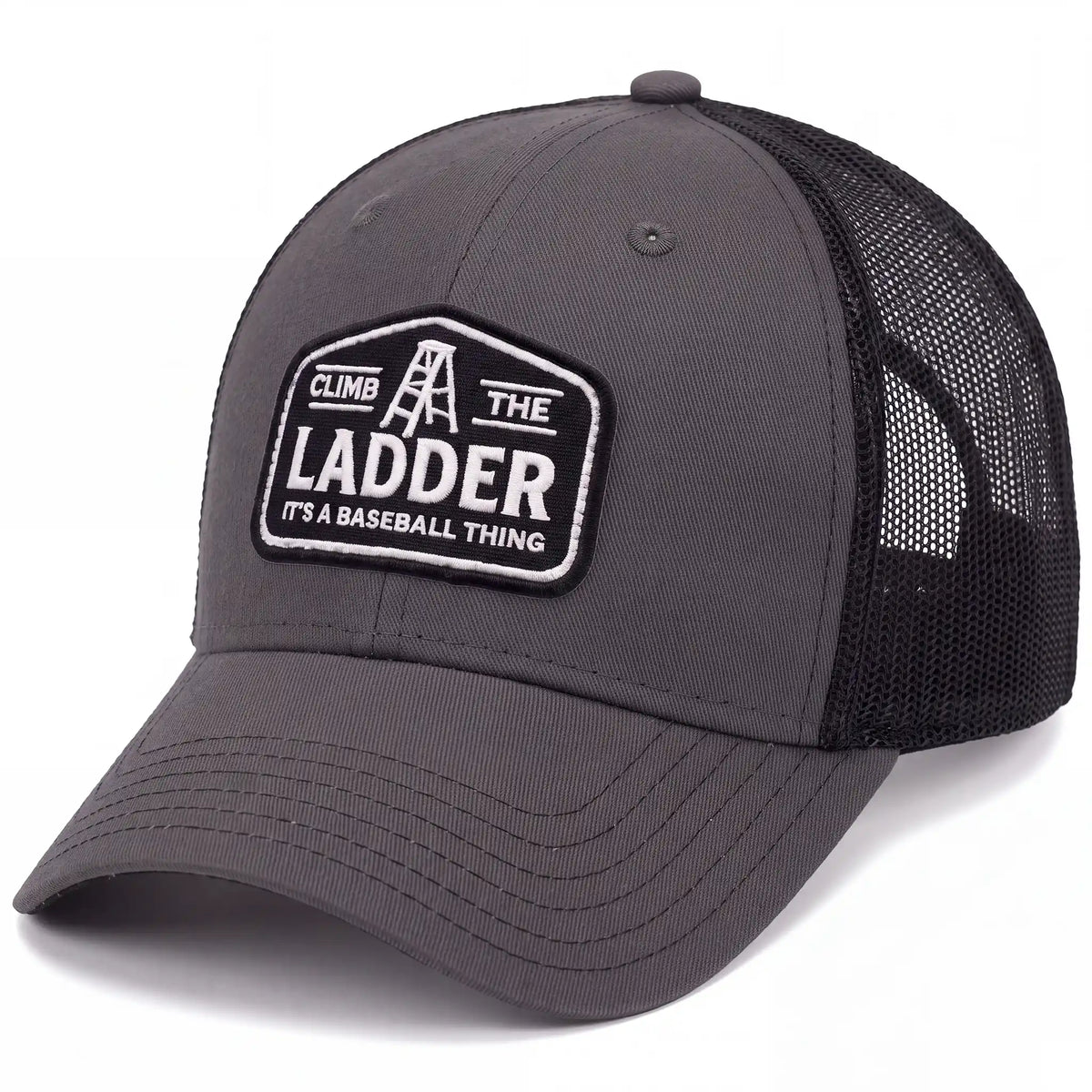 Climb the Ladder trucker hat in charcoal, side view