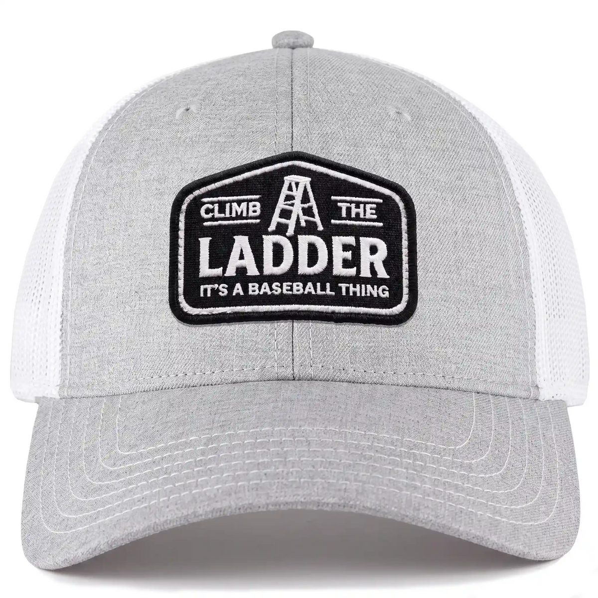 Climb the Ladder trucker hat in heather gray, front view