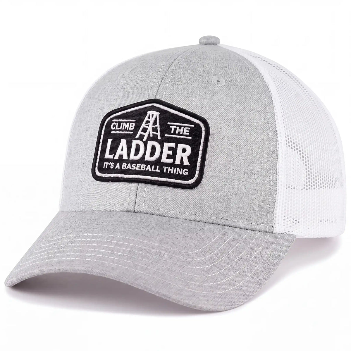 Climb the Ladder trucker hat in heather gray, side view