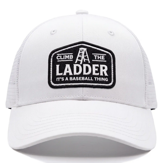 Climb the Ladder trucker hat in white, front view