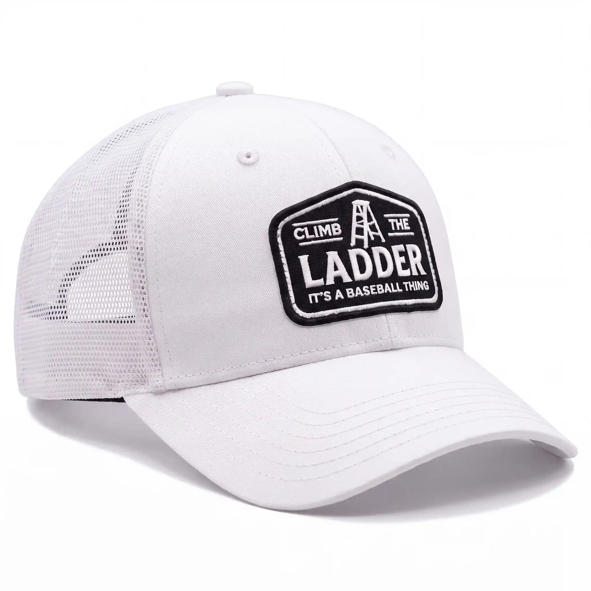 Climb the Ladder trucker hat in white, side view