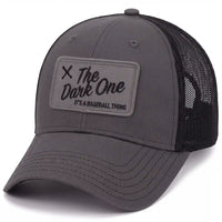 The Dark One low profile trucker hat in charcoal, side view
