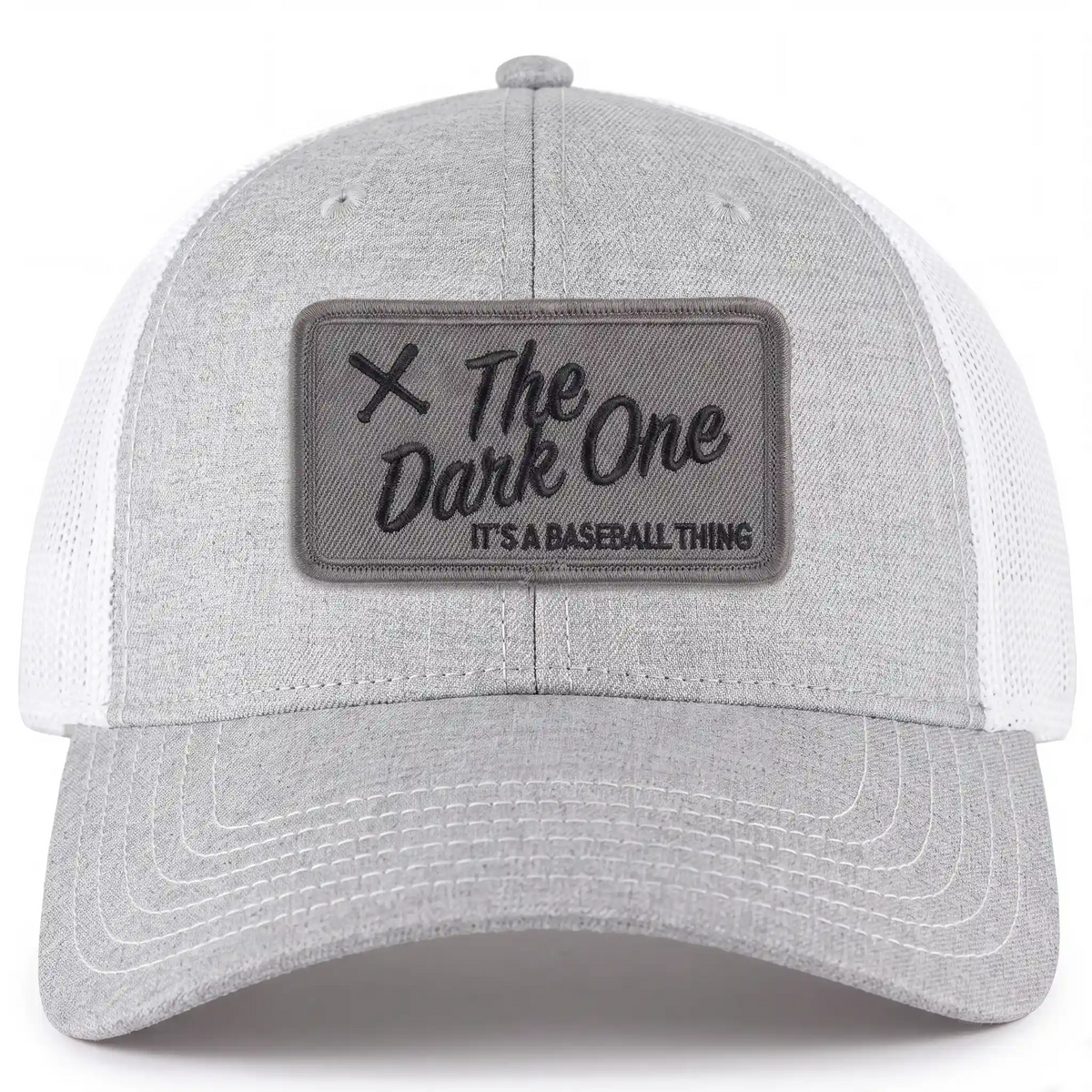 The Dark One low profile trucker hat in heather gray, front view
