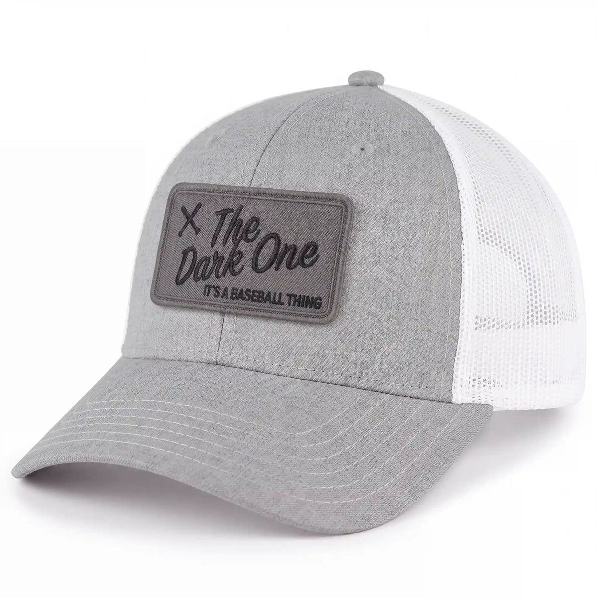 The Dark One low profile trucker hat in heather gray, side view