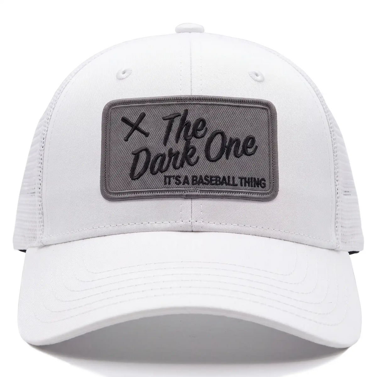 The Dark One low profile trucker hat in white, front view