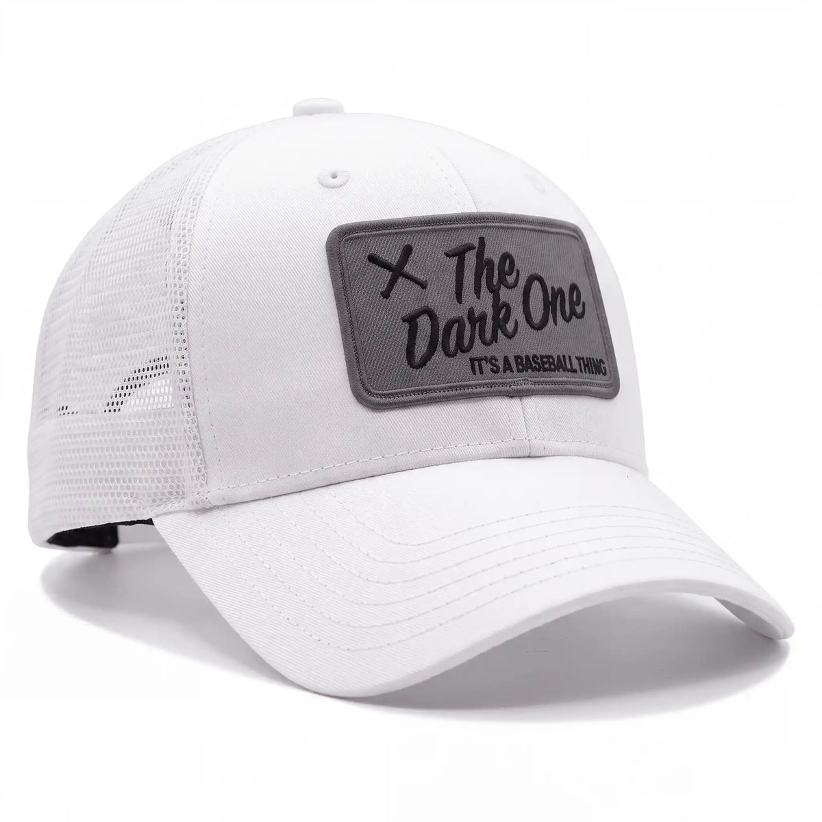 The Dark One low profile trucker hat in white, side view