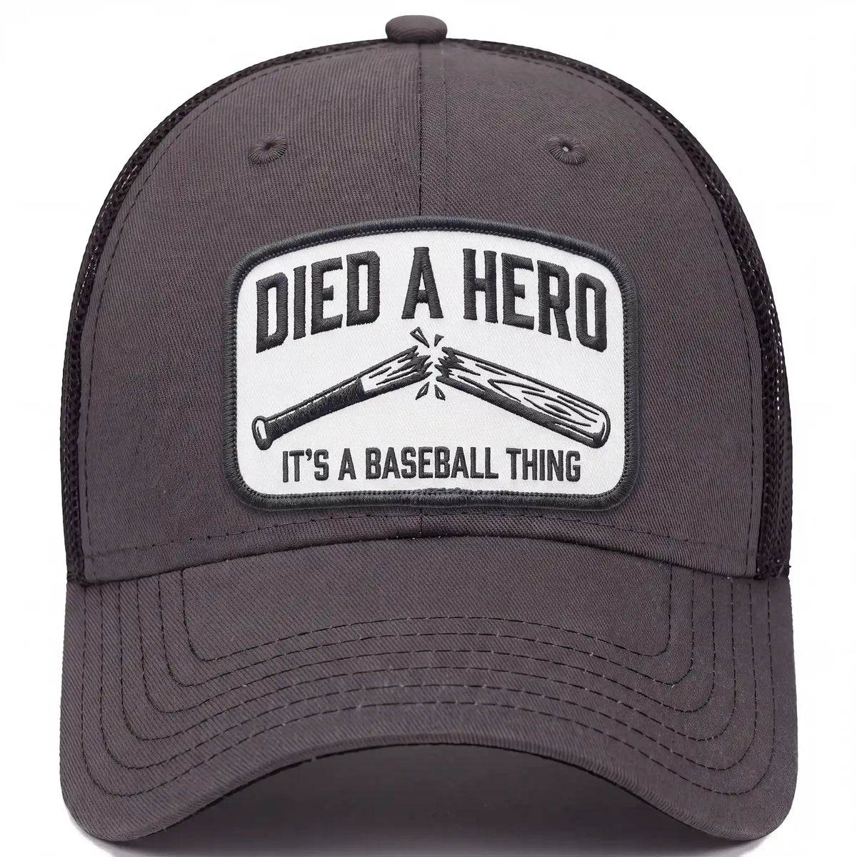 Died A Hero low profile trucker hat in charcoal, front view