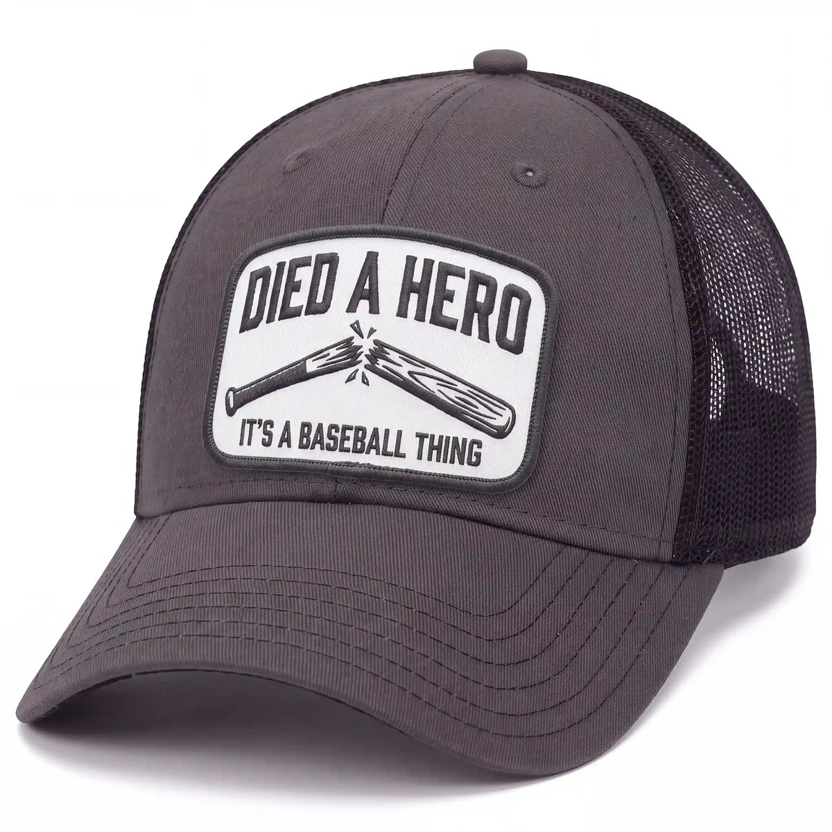 Died A Hero low profile trucker hat in charcoal, side view
