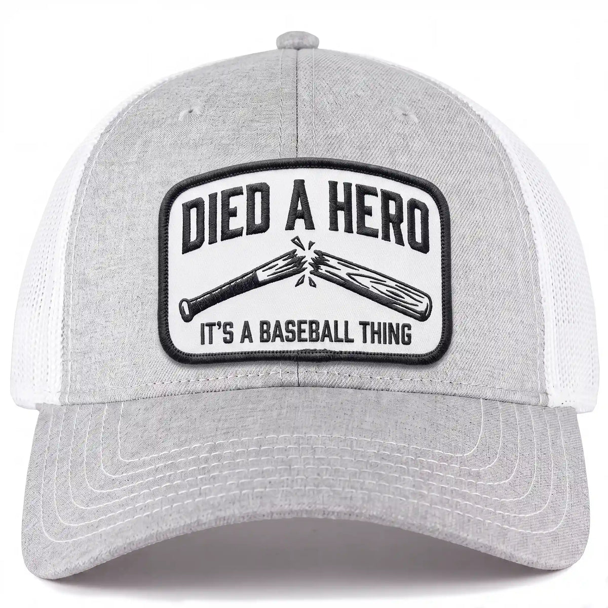 Died A Hero low profile trucker hat in heather gray, front view