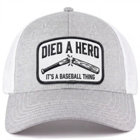 Died A Hero low profile trucker hat in heather gray, front view