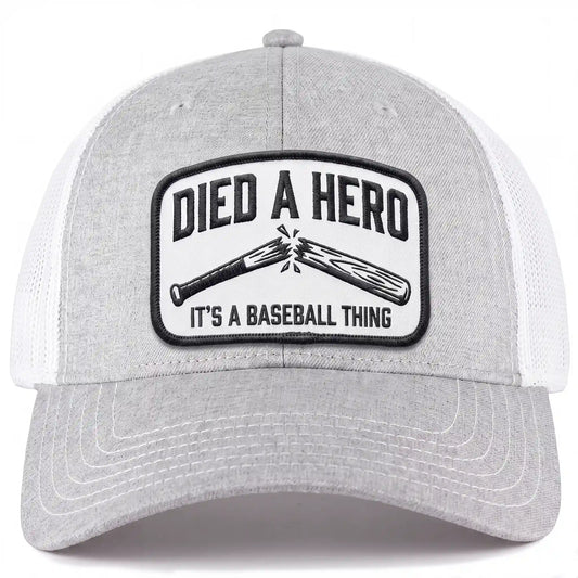 Died A Hero low profile trucker hat in heather gray, front view