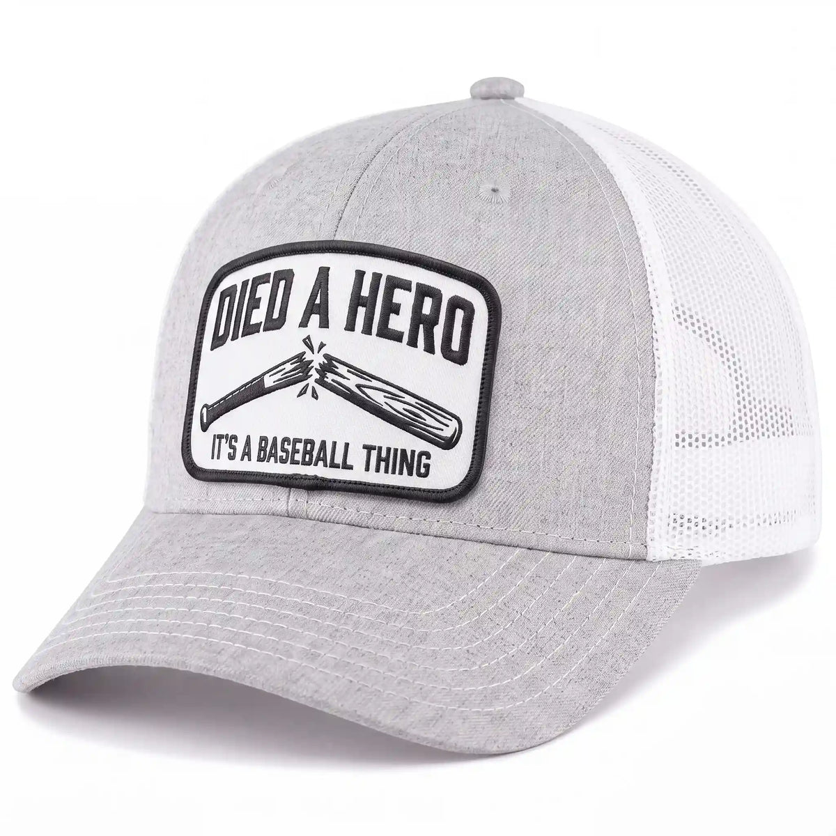 Died A Hero low profile trucker hat in heather gray, side view