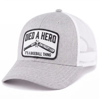 Died A Hero low profile trucker hat in heather gray, side view