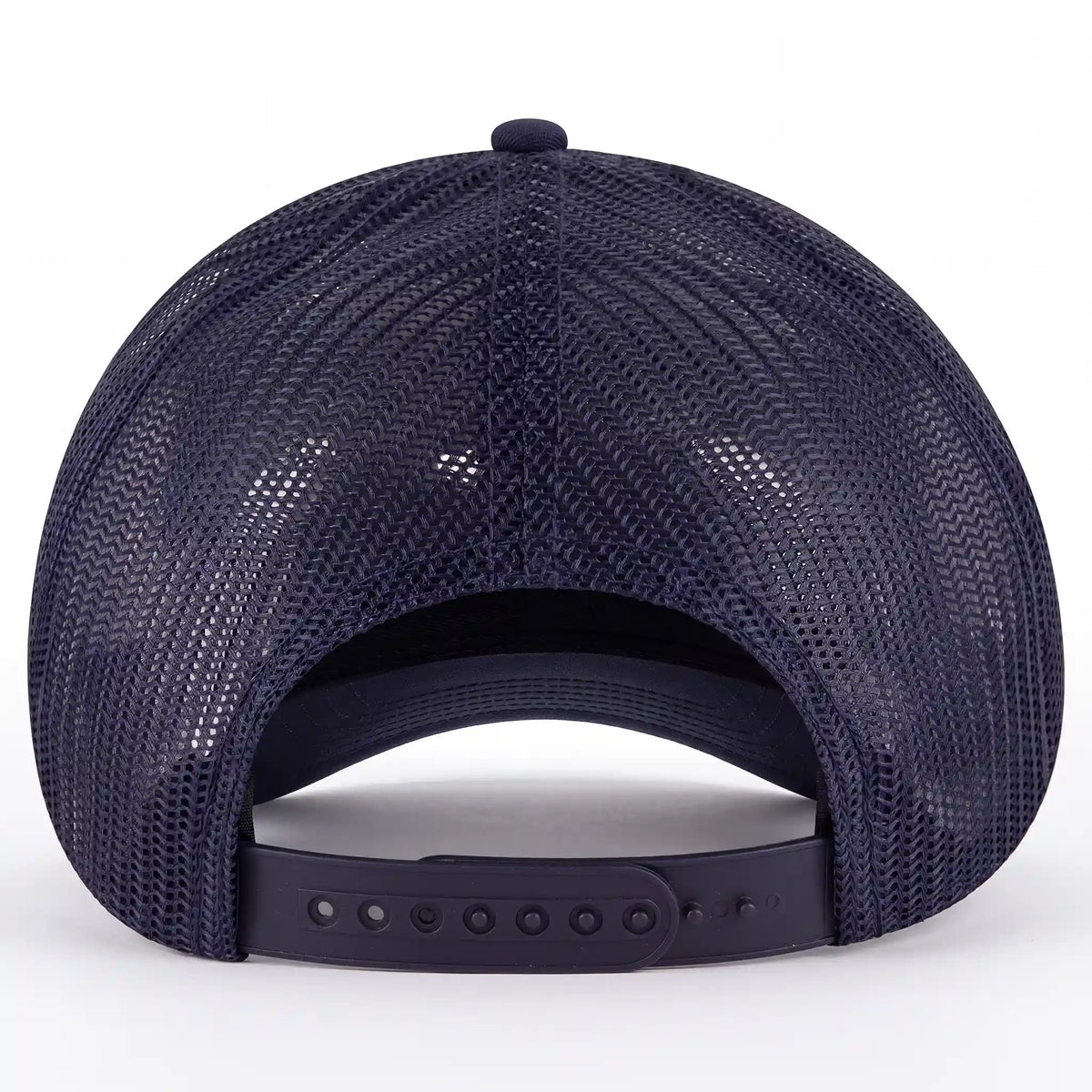 Adjustable closure on Died A Hero low profile trucker hat in navy