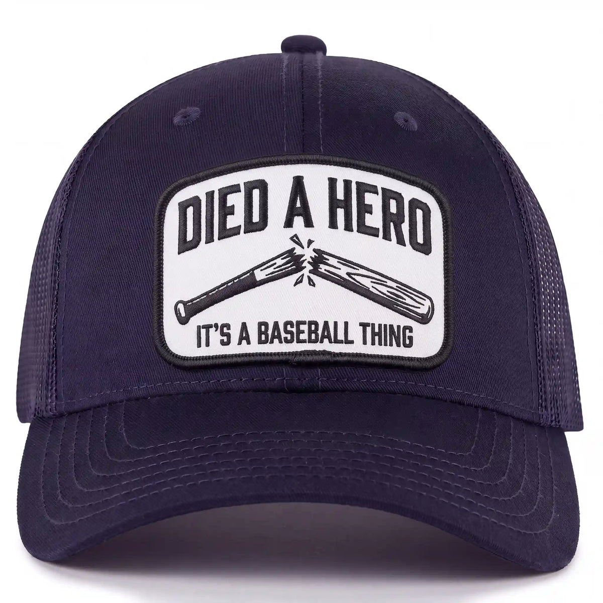 Died A Hero low profile trucker hat in navy, front view