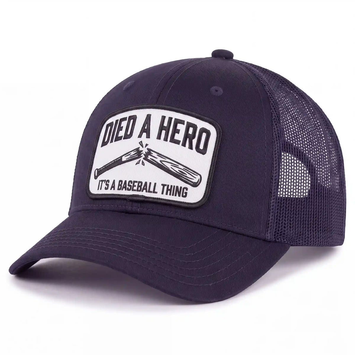 Died A Hero low profile trucker hat in navy, side view
