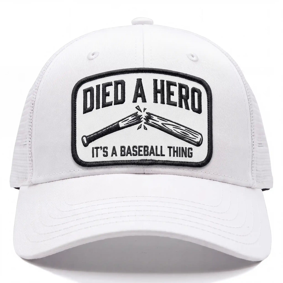 Died A Hero low profile trucker hat in white, front view