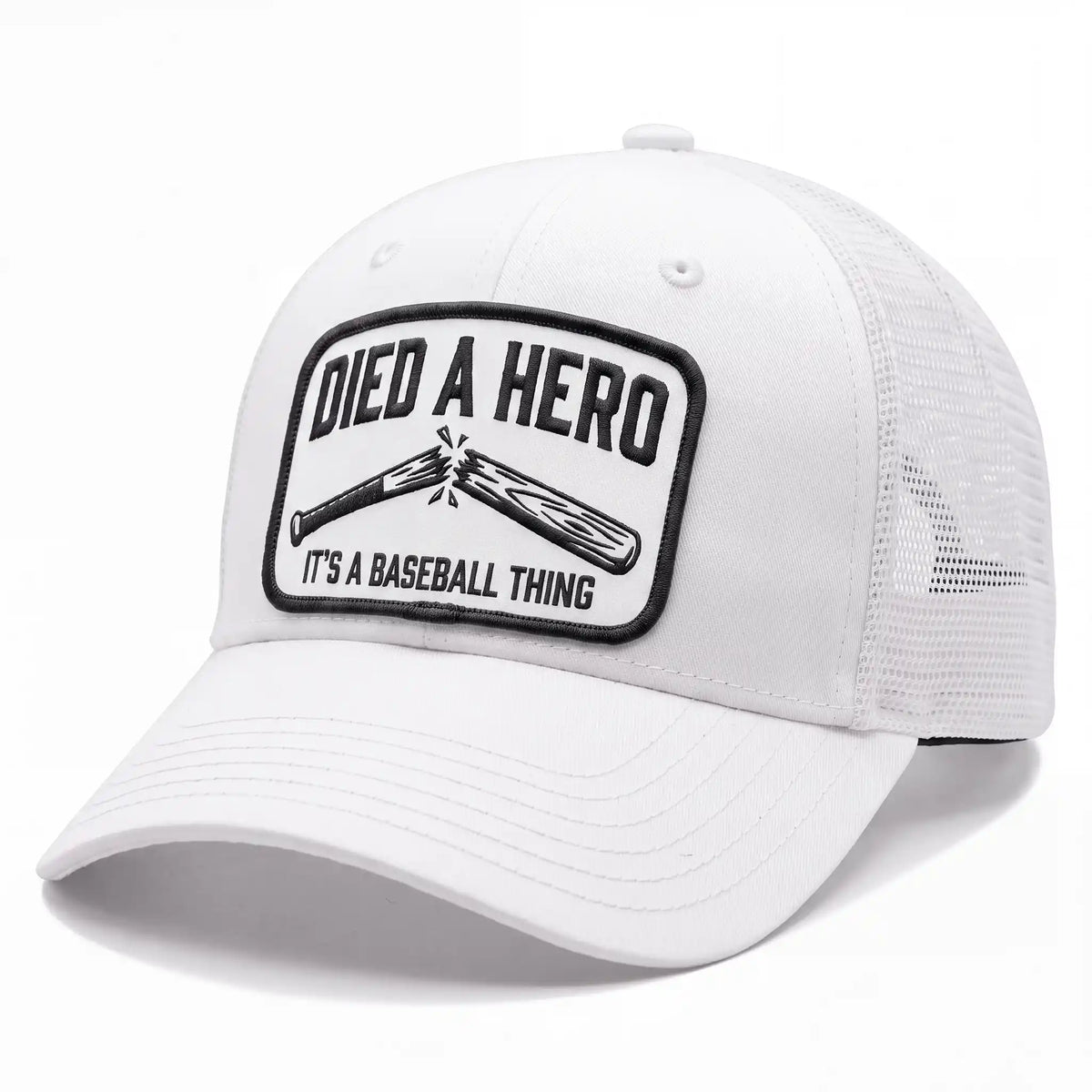 Died A Hero low profile trucker hat in white, side view