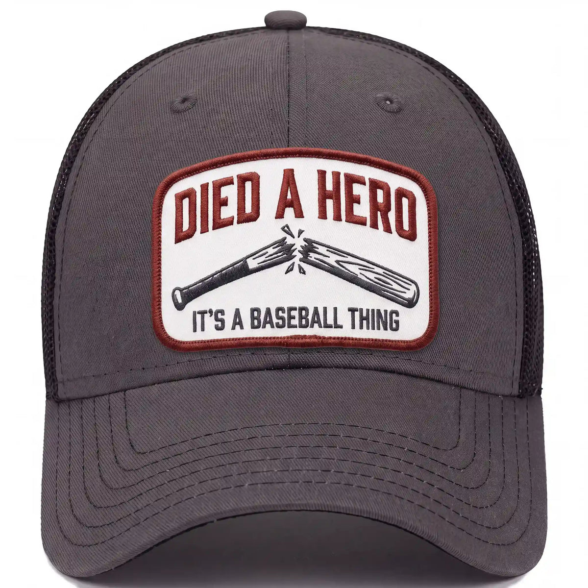 Died A Hero trucker hat in charcoal, front view