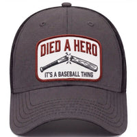 Died A Hero trucker hat in charcoal, front view