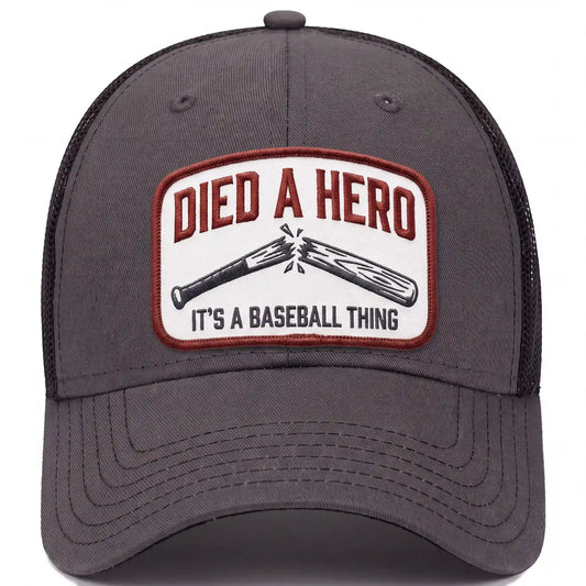 Died A Hero trucker hat in charcoal, front view