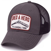 Died A Hero trucker hat in charcoal, side view