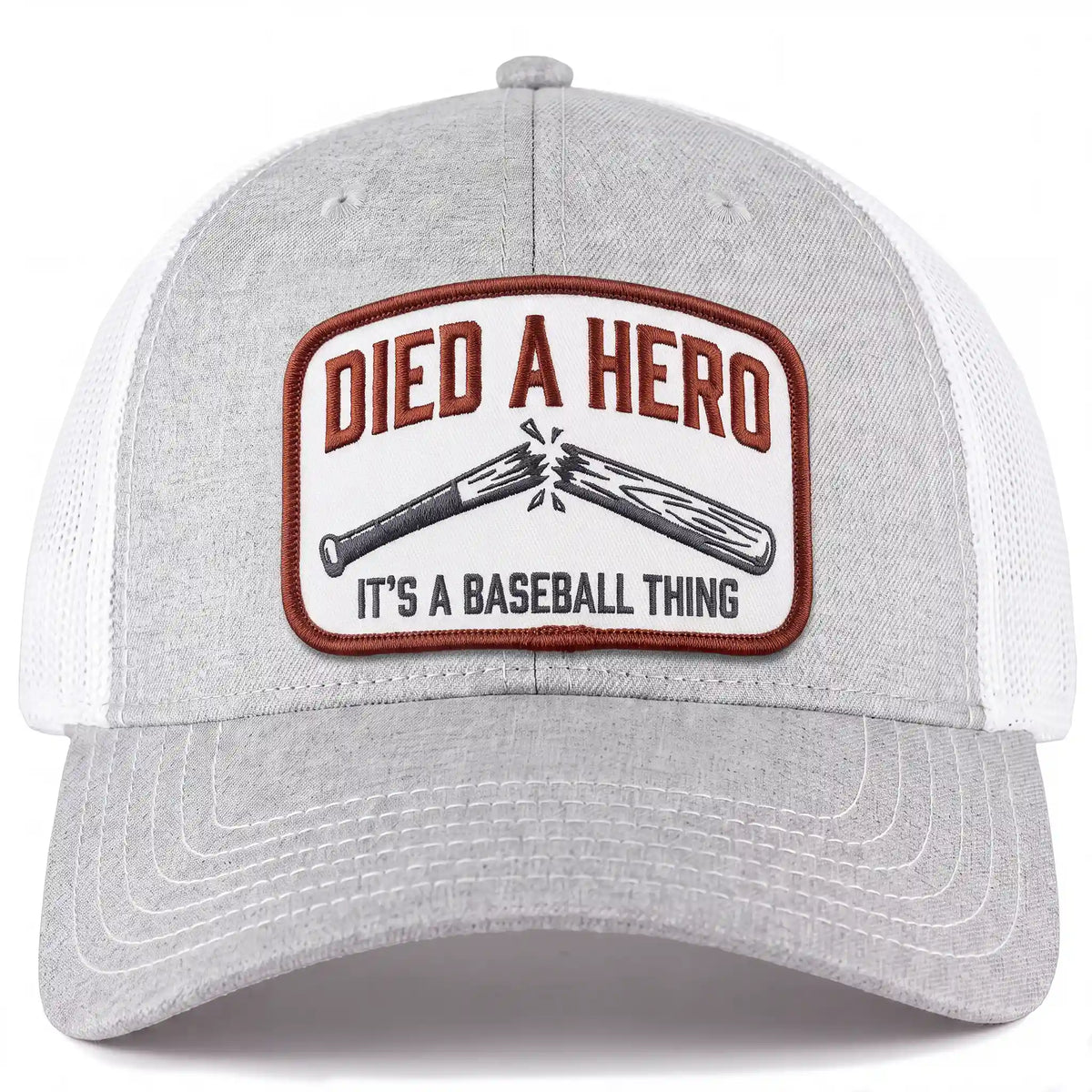 Died A Hero trucker hat in heather gray, front view