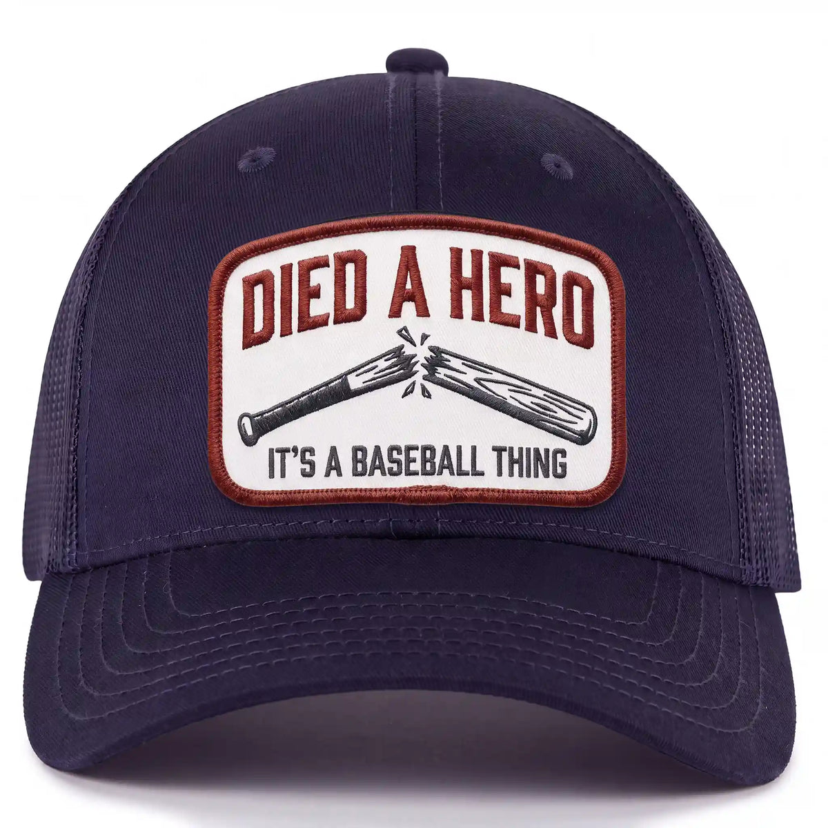 Died A Hero trucker hat in navy, front view