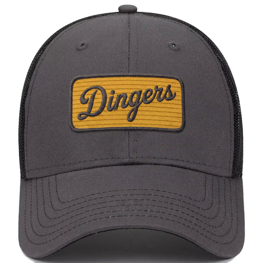 Dingers low profile trucker hat in charcoal, front view