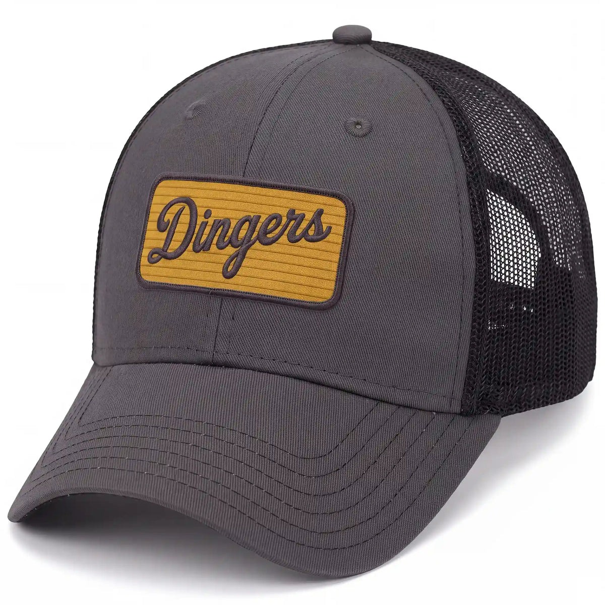 Dingers low profile trucker hat in charcoal, side view