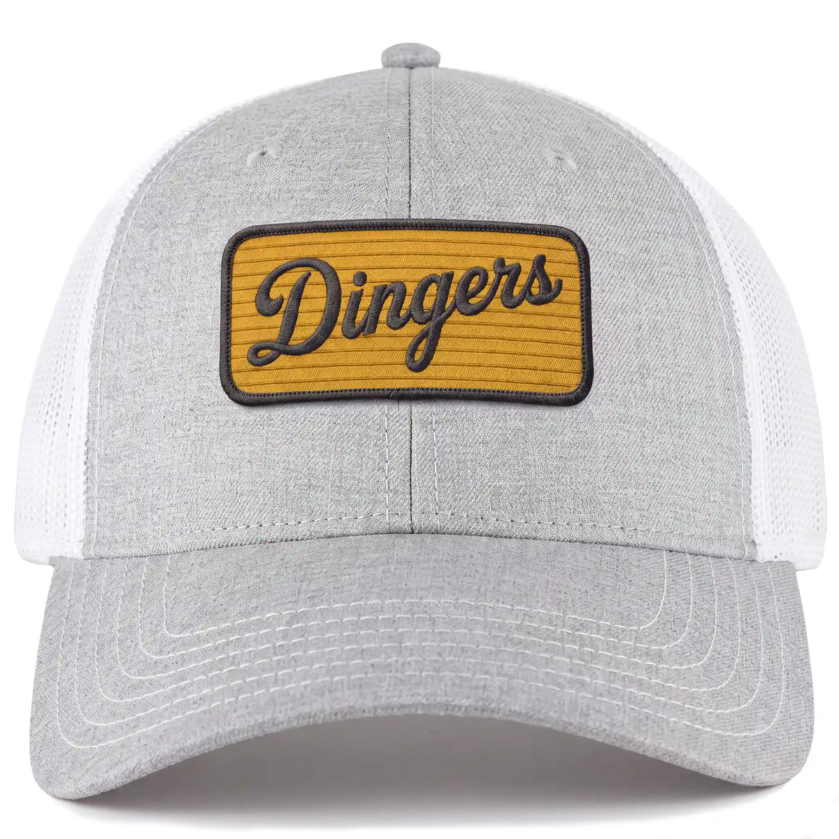 Dingers low profile trucker hat in heather gray, front view