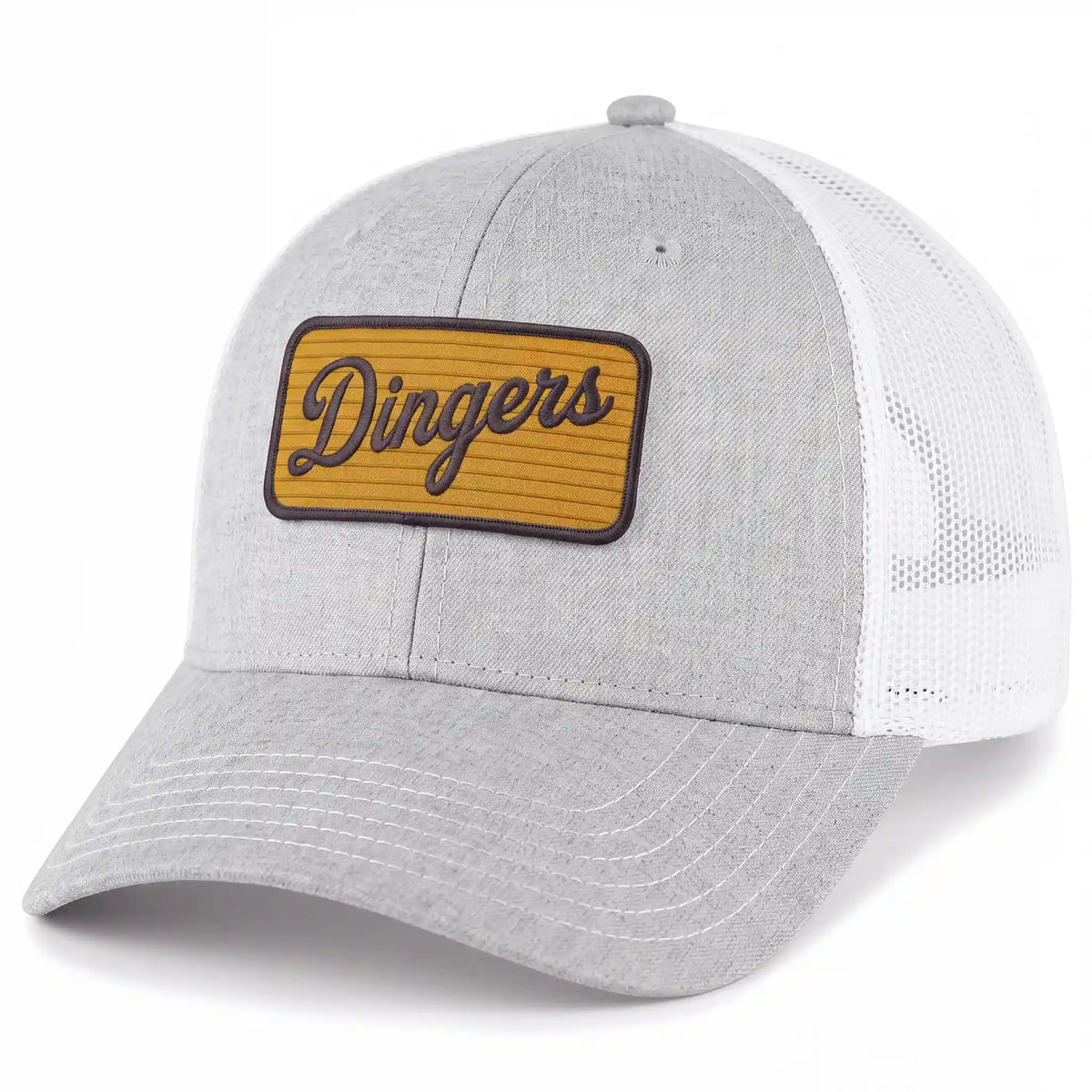 Dingers low profile trucker hat in heather gray, side view