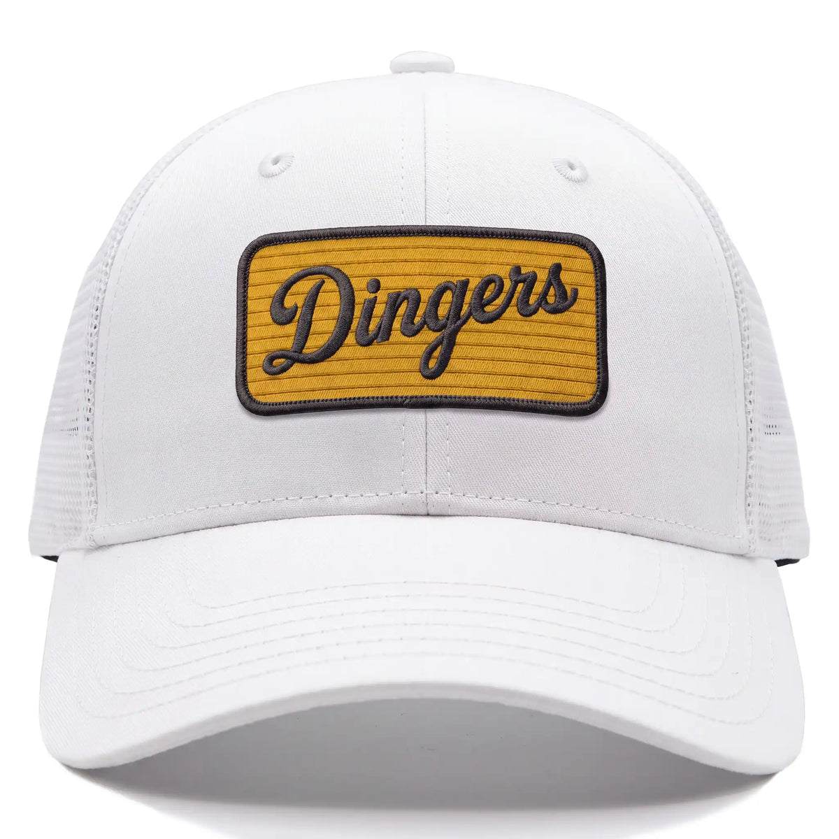 Dingers low profile trucker hat in white, front view